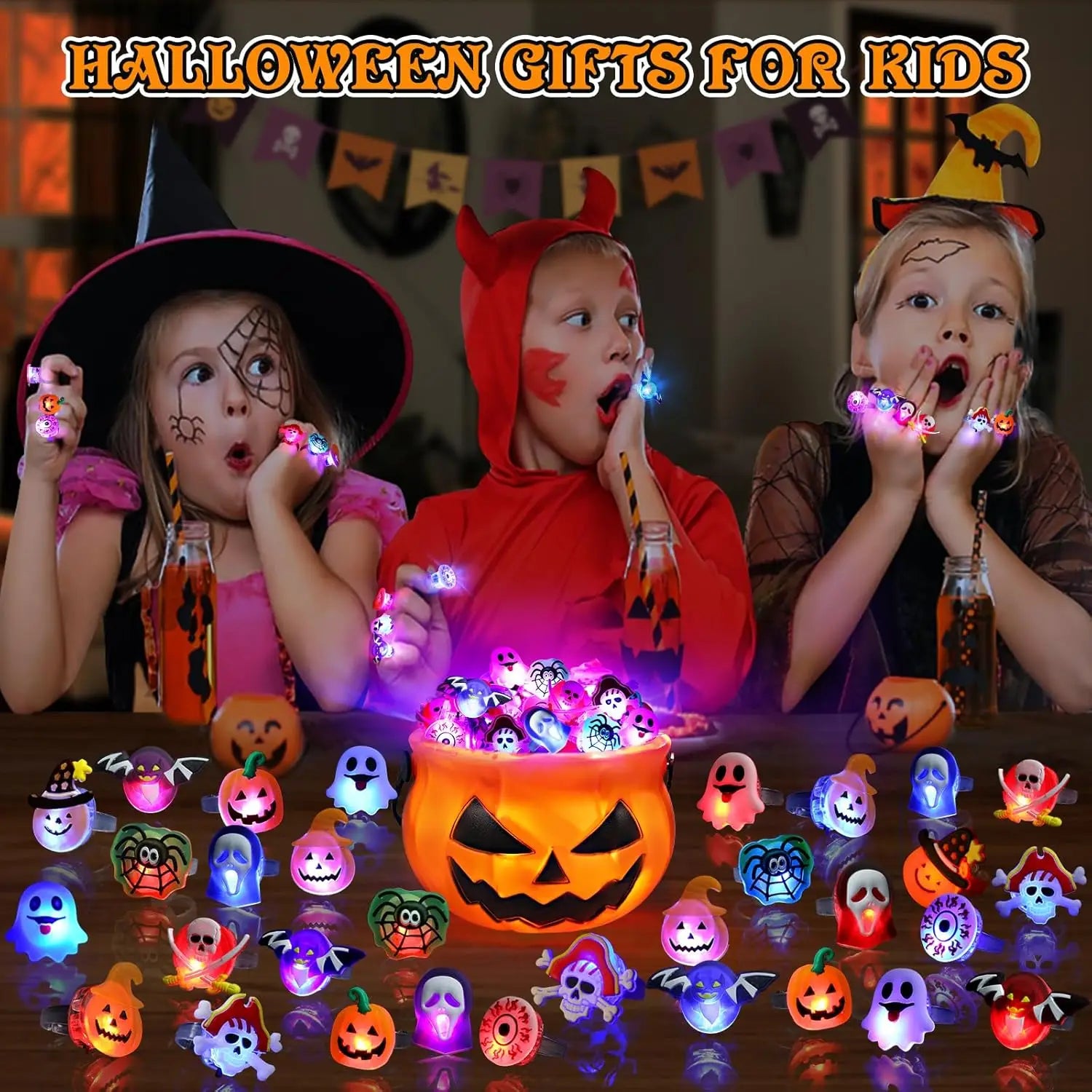 20 Halloween LED Light Up Rings Toys Horror Pumpkin Ghost Spider Glow