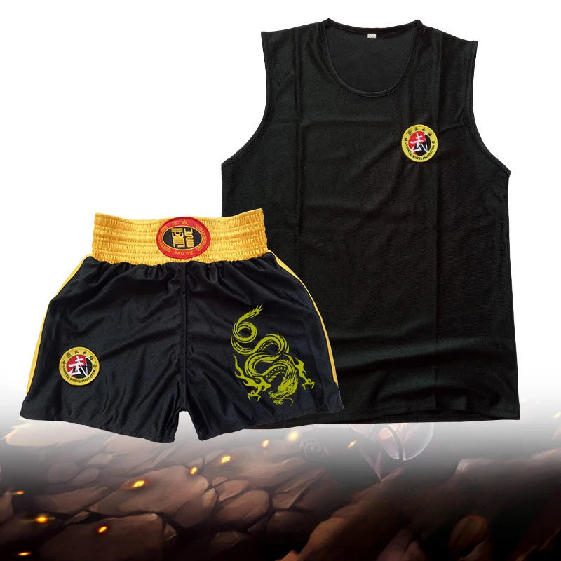 Summer Short Sleeved Fighting Sanda Suit Shorts Boxing Muay Thai Adult and Children's Martial Arts Performance Training Clothes Zpaxo black 2pcs 110cm