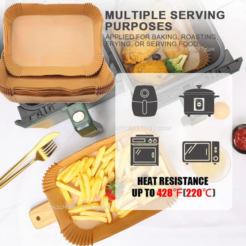 Disposable Air Fryer Liners Non-Stick Parchment Paper Rectangular Brown Heat Resistant for Baking and Frying Kitchen Essential Zpaxo