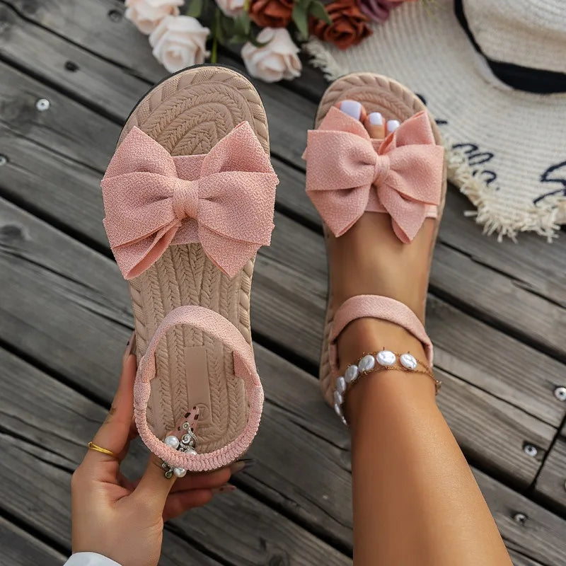 Trend Women Sandals 2025 New Summer Fashion Beach Sandals Outdoor Bow Tie Flat Shoes Casual Home Lightweight Shoes for Women Zpaxo Pink 41