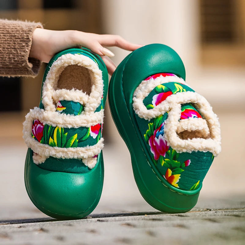 Unisex Winter Flower Pattern Slippers Cloud Feel Platform Warm Shoes