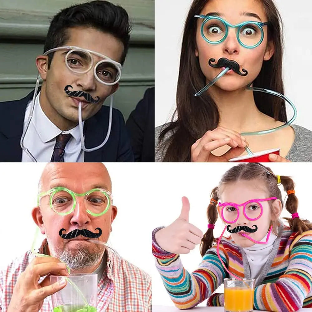 Glasses Funny Soft PVC Crazy Straws Beard Plastic Drinking Kids Party