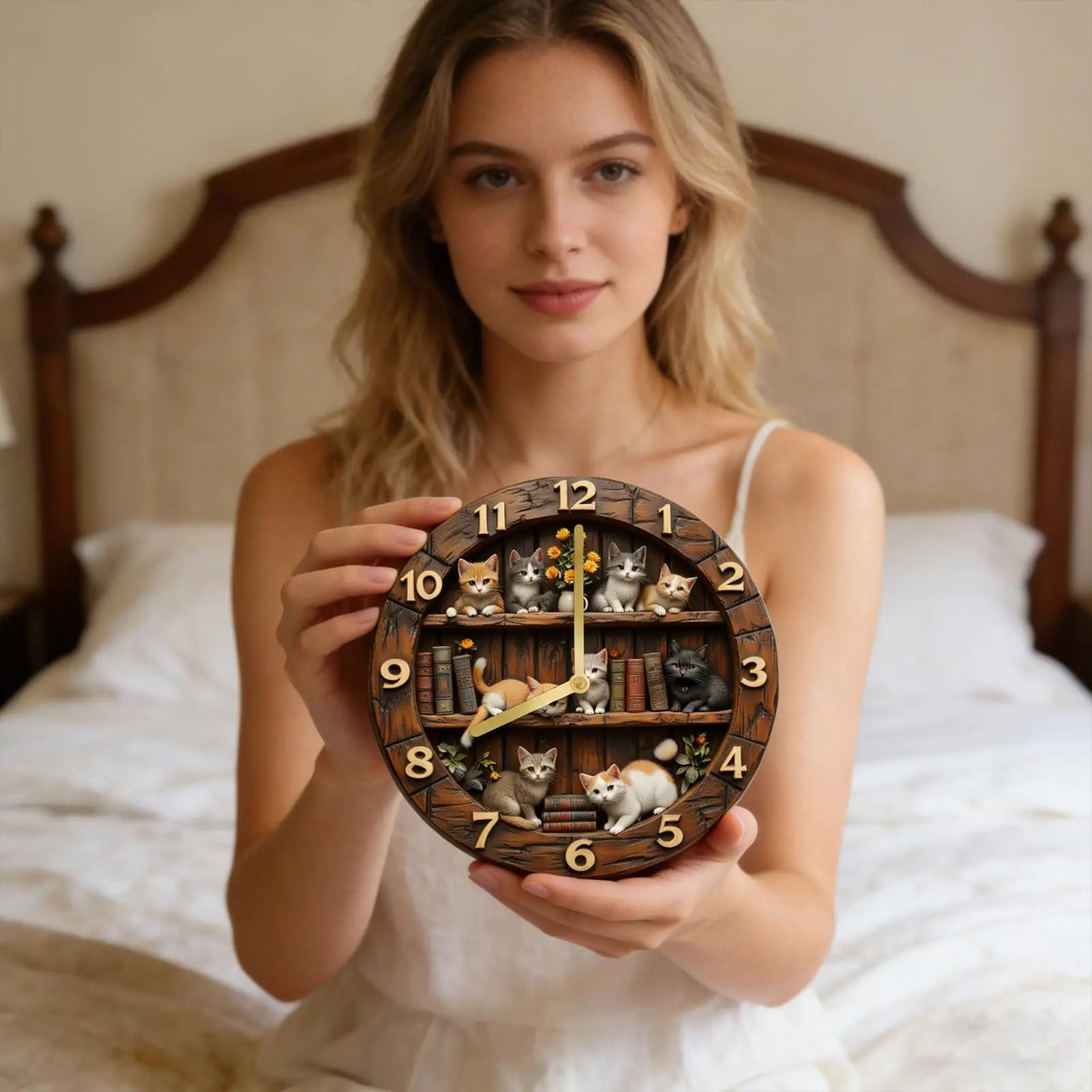 Wall Clock Cat Theme Wooden Cute Animal Decoration Living Room