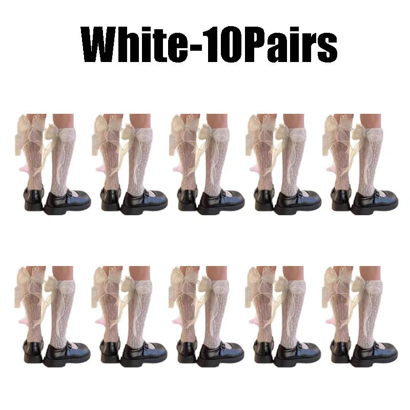 Breathable Lace Bow Over-the-knee Socks Women Sheer Mesh Elastic