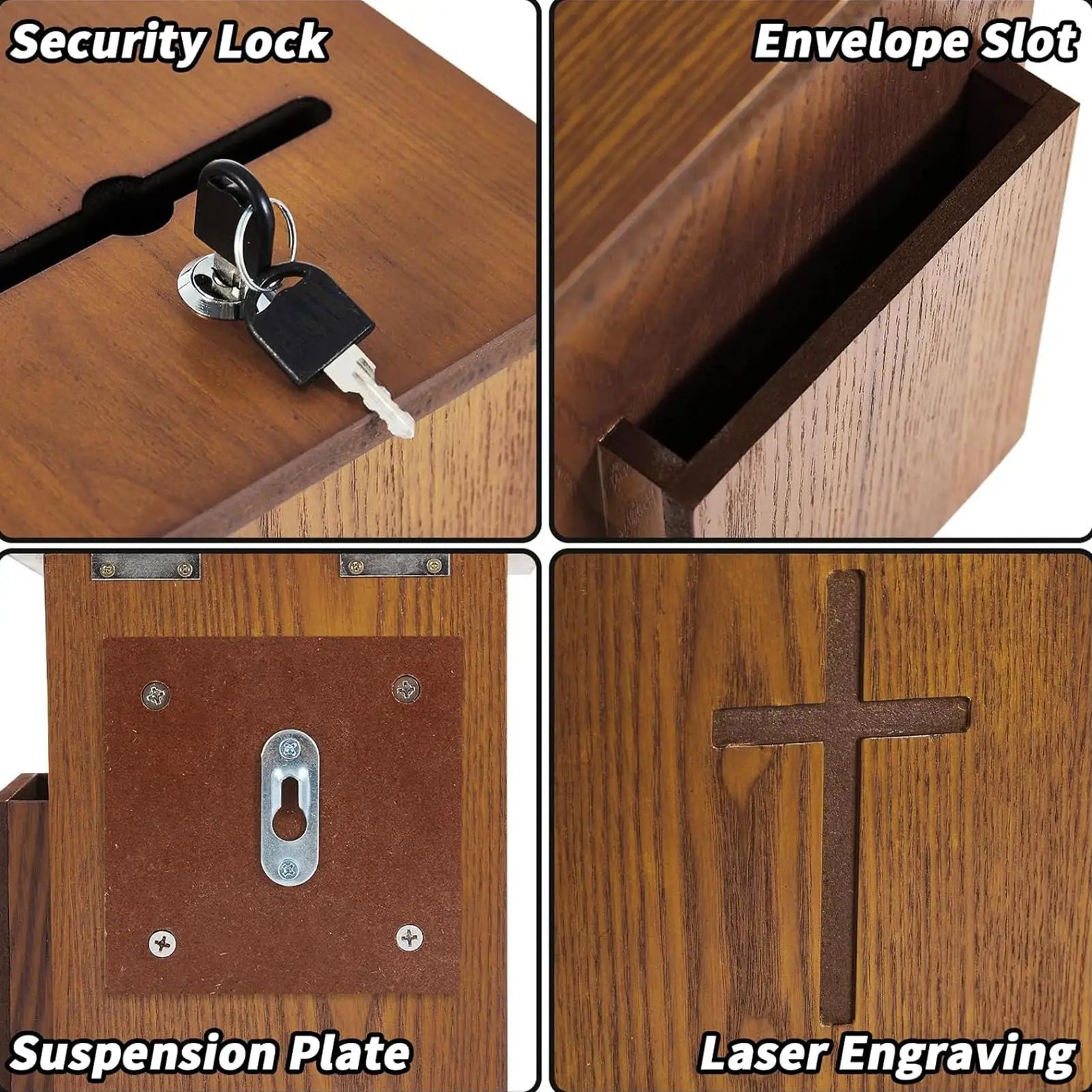 Church Offering Box Wooden Wall Mounted Lockable Cross Offering Box for Charity for Parish Shrine Funeral Tithe Event Religious Zpaxo