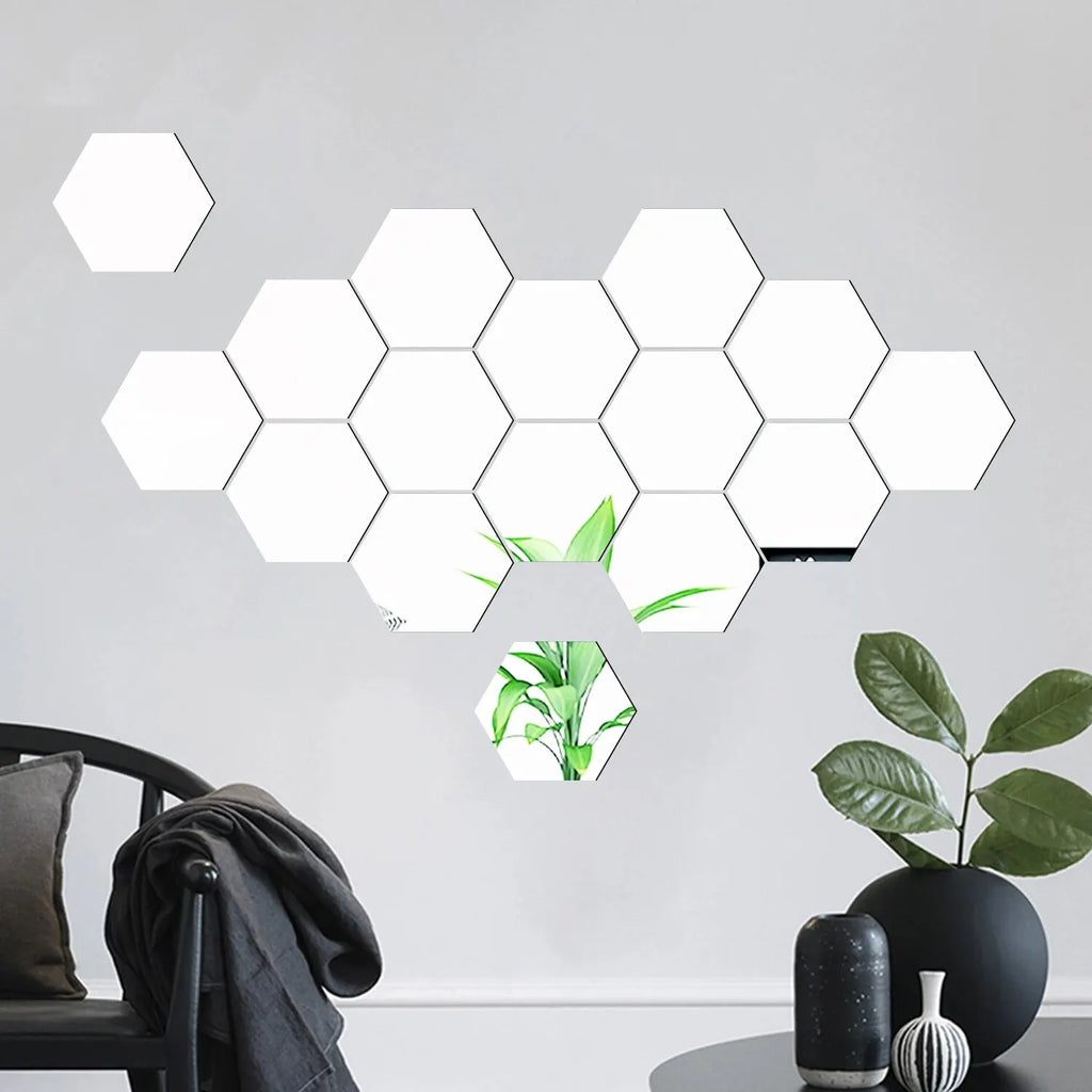 Lot Removable Geometric Mirror Wall Stickers Solid Hexagonal Shape