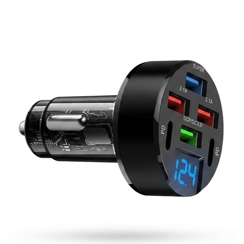6 Port USB C Car Charger Real-time Voltage Display Multi 12V 24V Fast Zpaxo Transparent