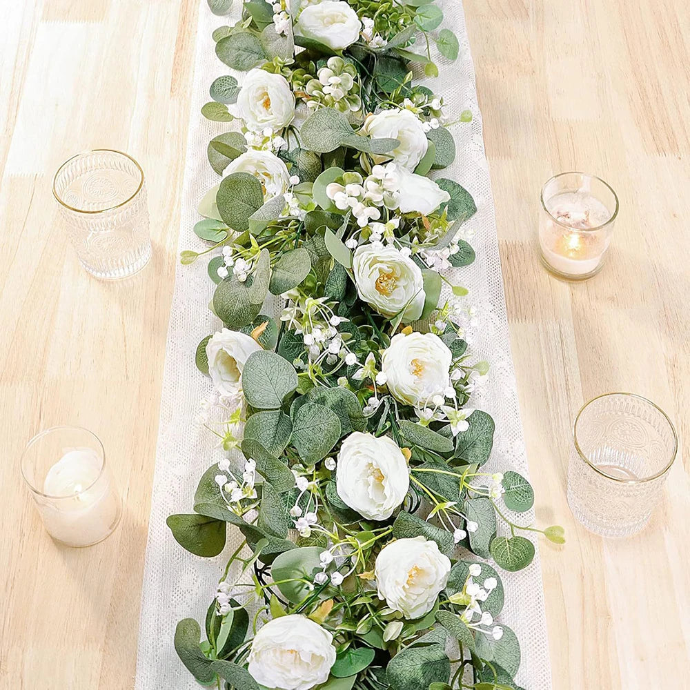 Artificial Eucalyptus Garland Wreath White Flowers Home Festival Wall