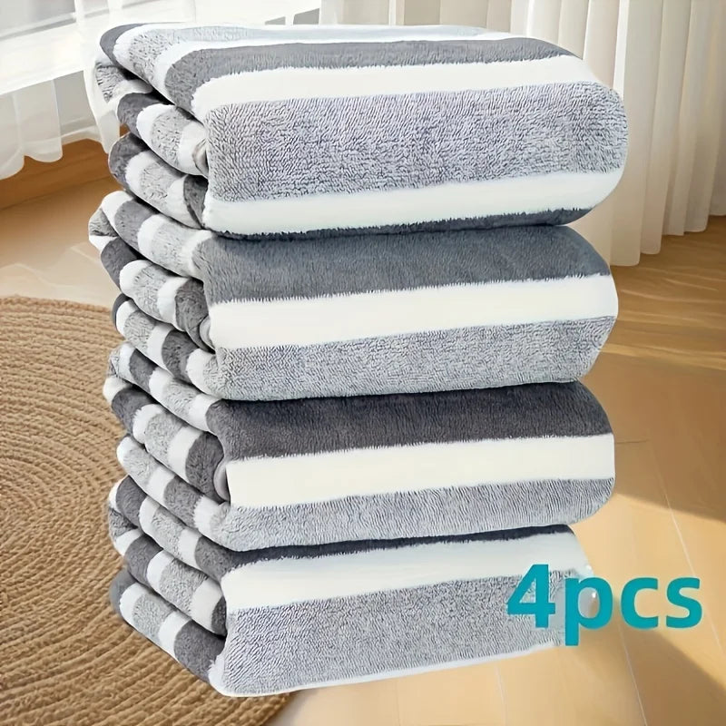 4pcs Thickened Coral Fleece Bath Towel - Soft Absorbent Wide Stripe, Colors Unisex Home Use Zpaxo grey