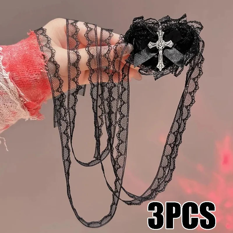 Sweet Edgy Black White Lace Bow Heart Cross Eye Mask Halloween Lolita Zpaxo Black-3PCS
