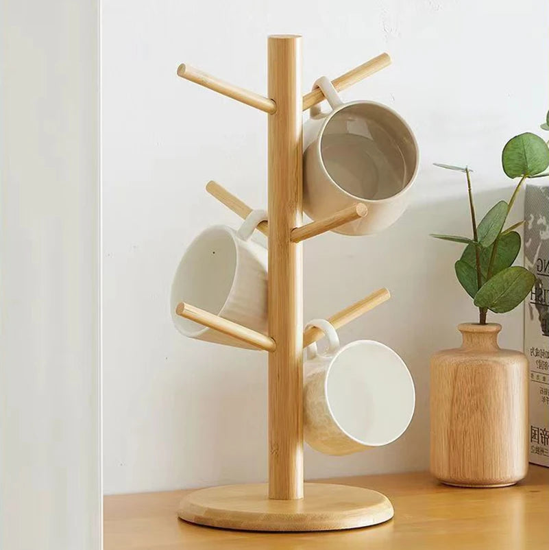 Tree-Shape Bamboo Mug Holder Stand – 6-Hook Cup Display Rack