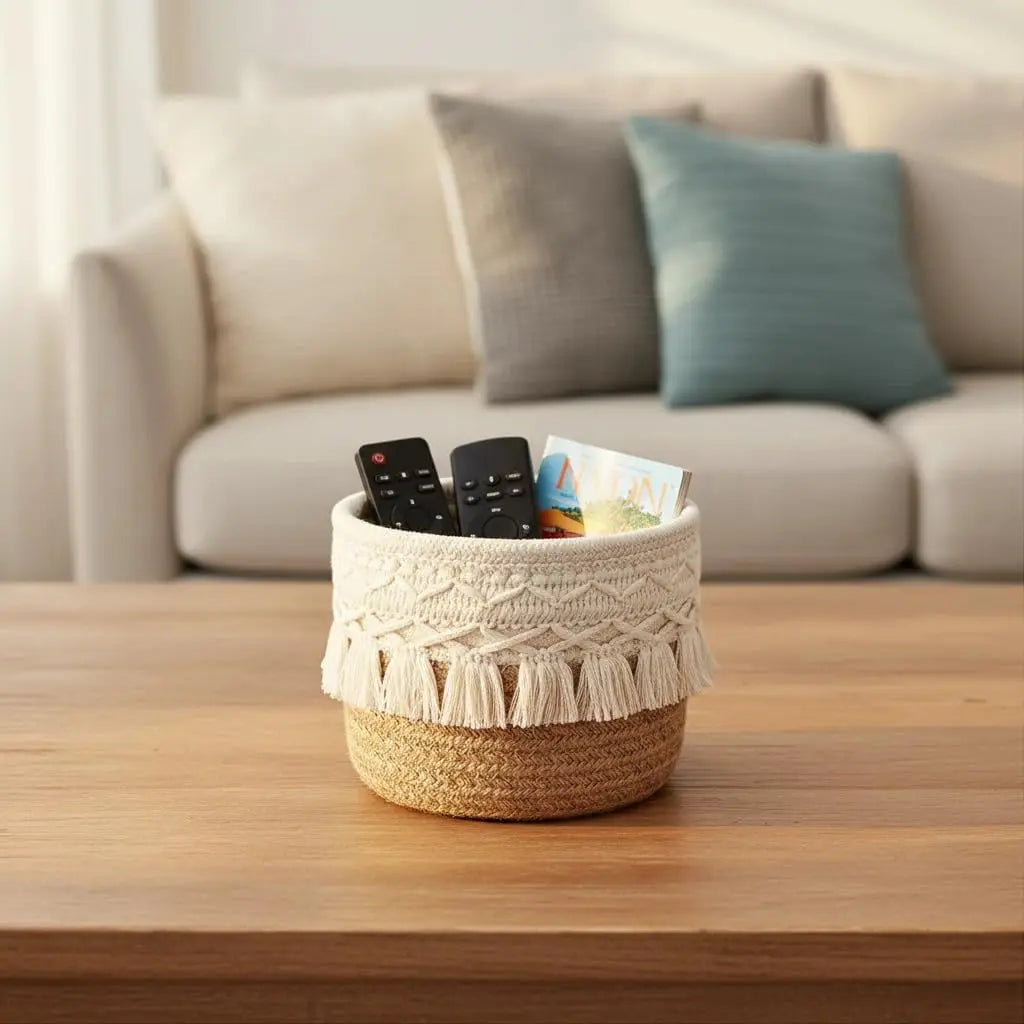 Small Storage Basket Mini Round Cotton Rope Woven Bin Boho Decor