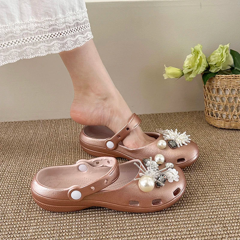 Summer Women's Slippers Luxurious Pearl Metal Flower Sparkling