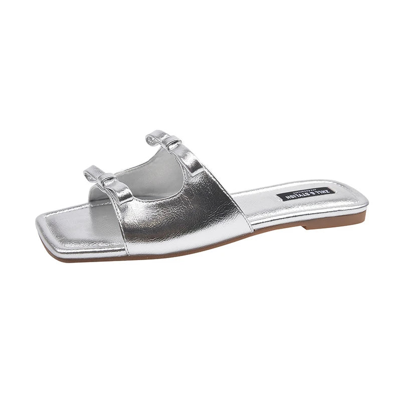 Womens Silver Bow Knot Square Toe Slide Sandals Open Flat Slippers Zpaxo