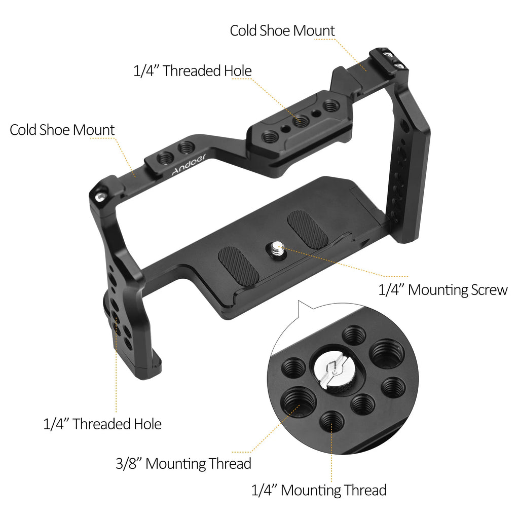 Andoer Camera Cage Aluminum Alloy Video Dual Cold Shoe Mounts