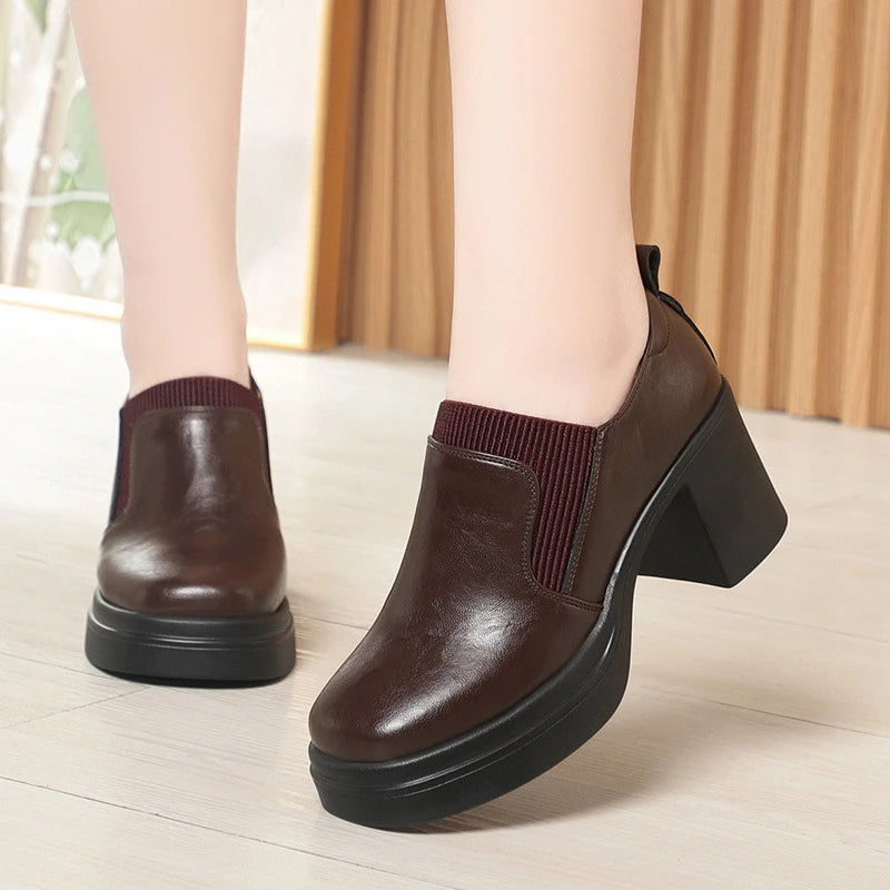 Womens Brown Leather Platform Ankle Boots Chunky Heel Elastic Gore Zpaxo