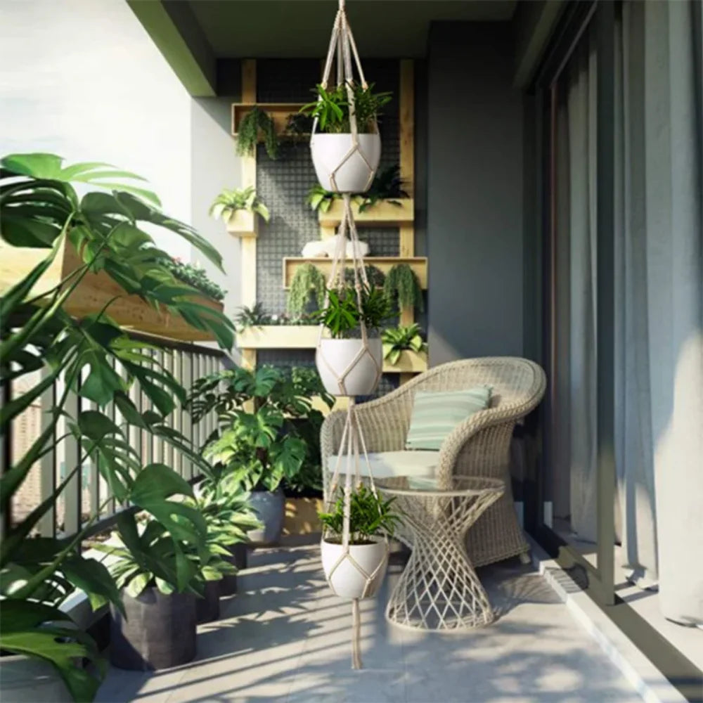 Bohemian Hand-woven Plant Hanging Basket Holder Indoor Outdoor Stand Zpaxo