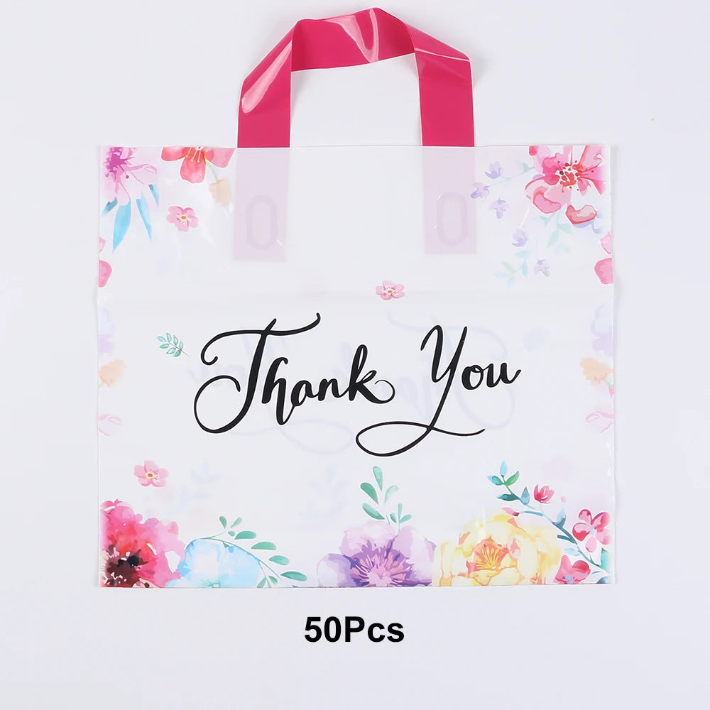 20/50Pcs Thank You Gift Bag with Handle Plastic Floral Shopping Bags for Small Business Wedding Birthday Party Gift Bags Zpaxo 50Pcs Rose Red none