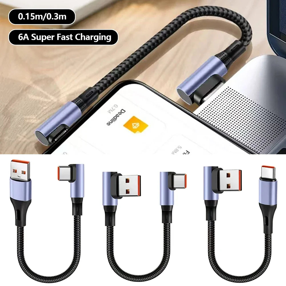 90° Elbow USB-A to USB-C Cable 15/30cm – 100W 6A Fast Charge