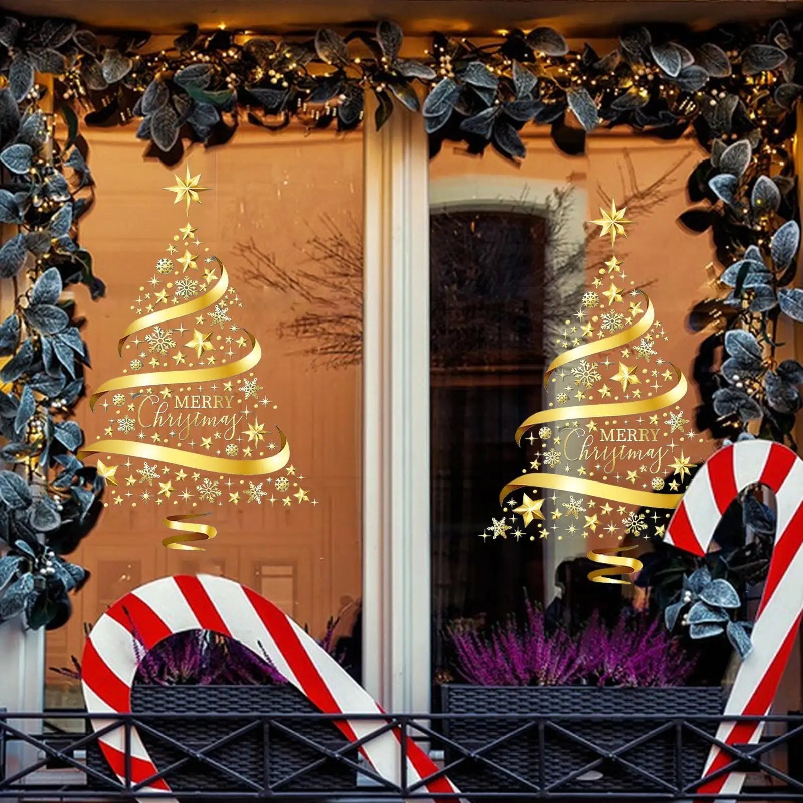 Christmas Window Clings PVC Golden Tree Electrostatic Door Indoor