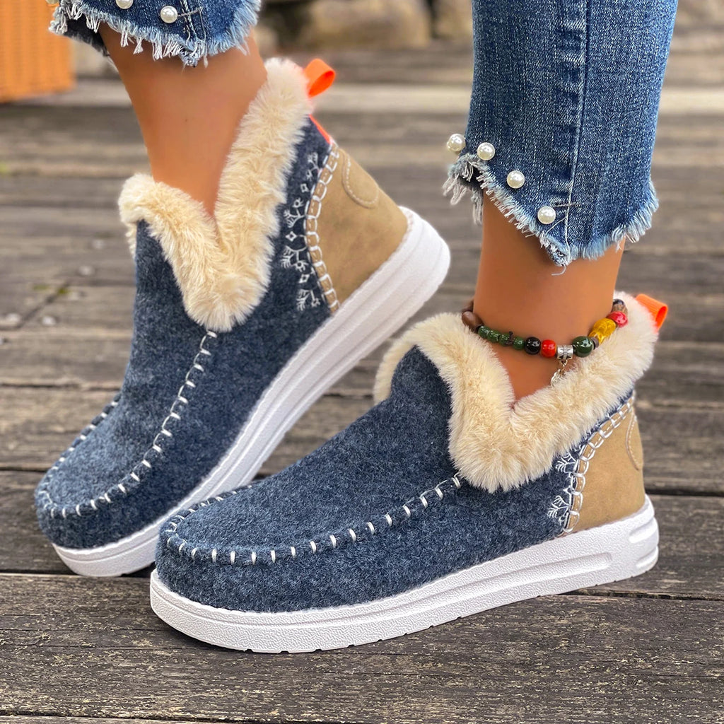 Women Cotton Shoes New 2025 Slip-On Winter Boots Thickened Fluff Lined Flat Bottom Snow Boots Warm Round Toe Leisure Shoes Zpaxo