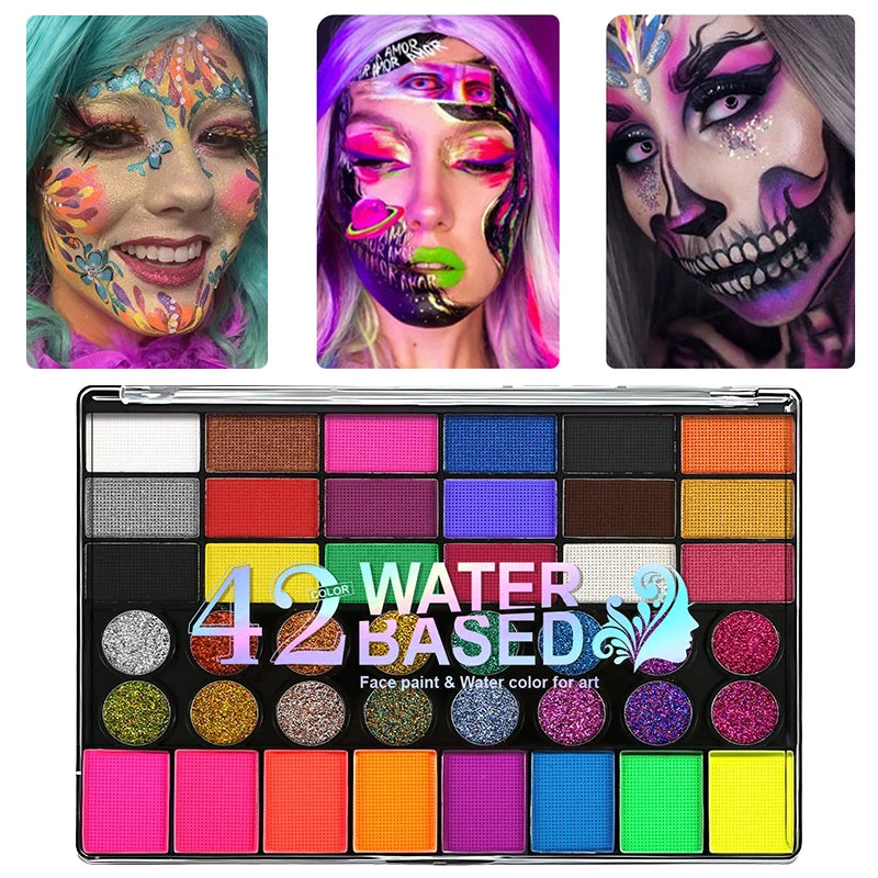 42-Colors Water-based Face Body Painting UV Neon Glitter Fluorescent Zpaxo
