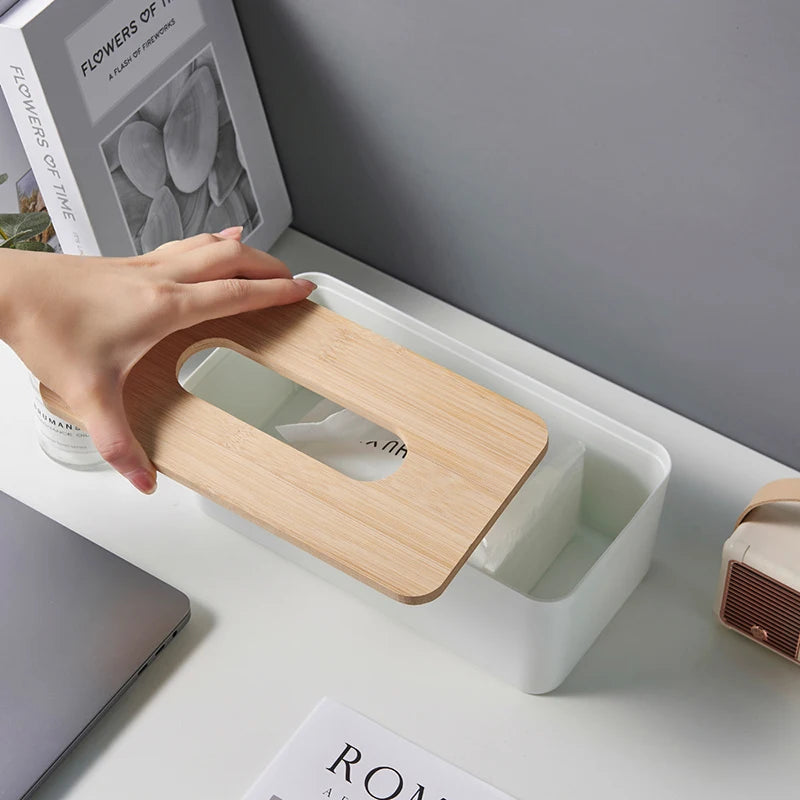 Multifunctional Desktop Tissue Holder Paper Box Wood Cover