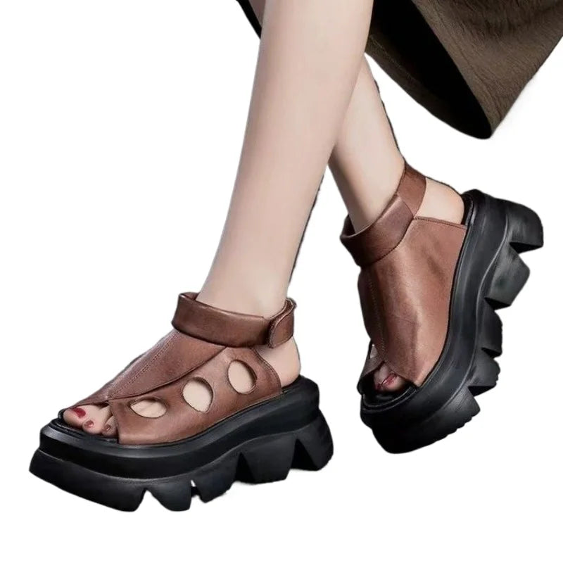 New Summer Fashion Women's Shoes Sandals Retro Genuine Leather Women's Wedge Platform Sandals Fish Toe High Heeled Sandals Zpaxo