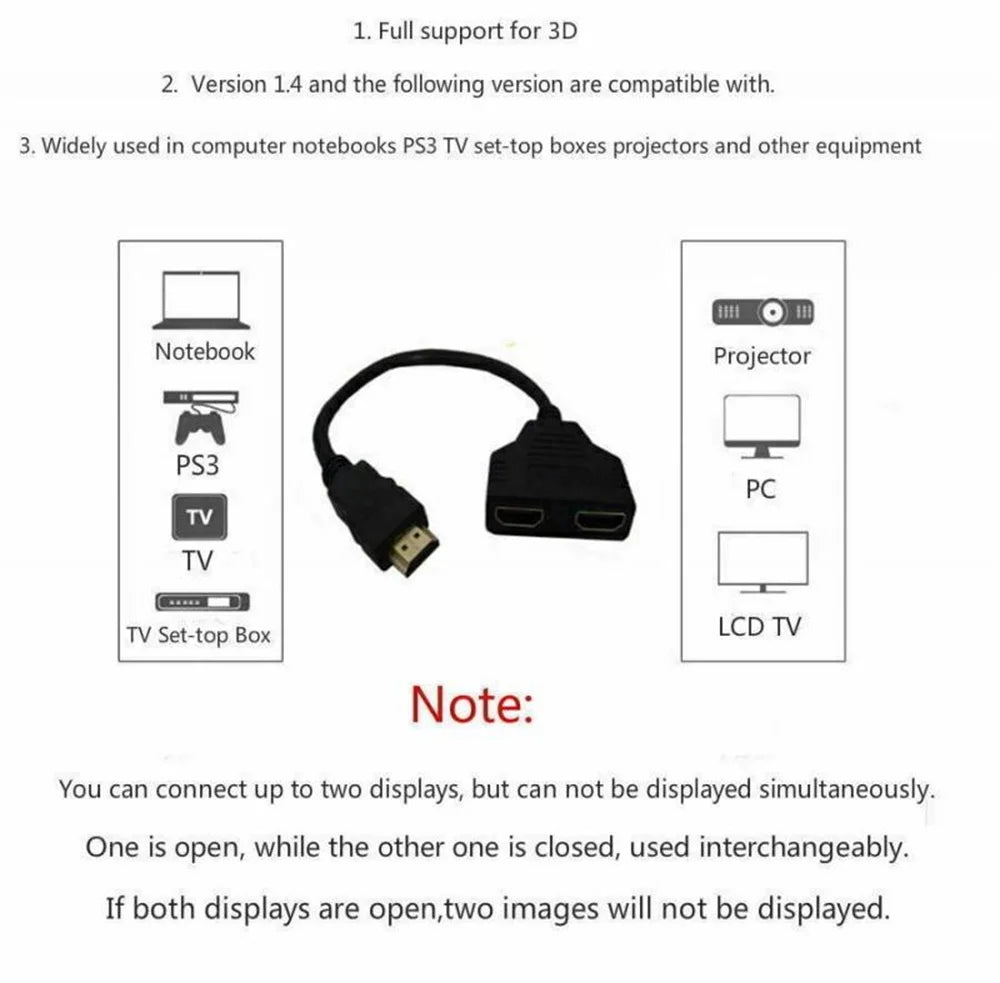 1 In 2 Out HDTV Splitter Cable 1080P HD Dual Port Adapter For TV Box PC Laptop PS4 Xbox to Monitor Projector TV Gold Plated Plug Zpaxo