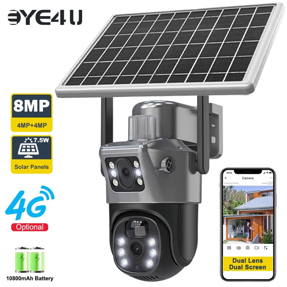 4K 8MP Solar Battery WiFi Camera Dual Lens Dual Screens Outdoor Camera PIR Human Detection Security Protection PTZ Video Cameras Zpaxo