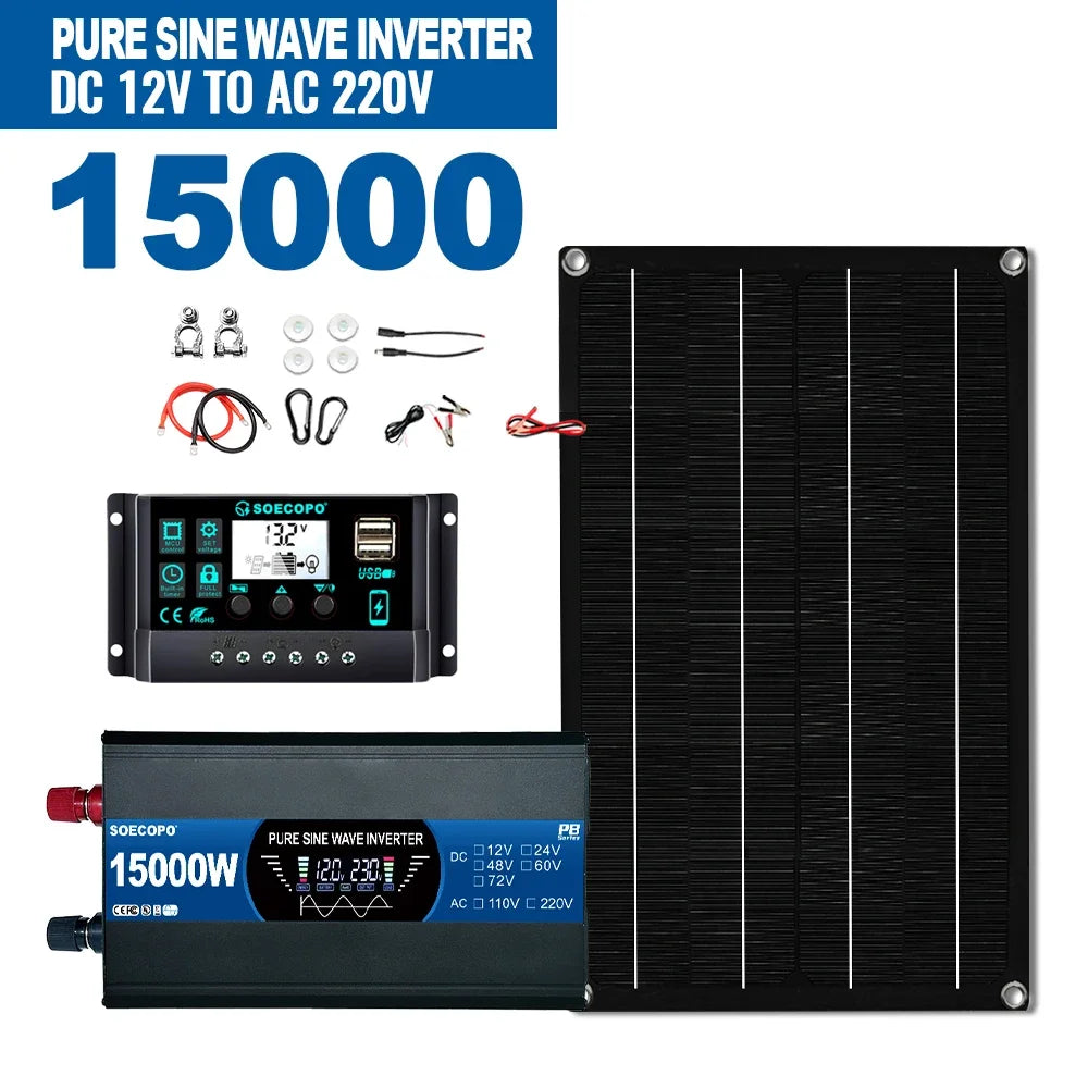 SOECOPO 7000W Solar System Kit for Home: 600W Panel, Pure Sine Wave Inverter 2 sockets 12V 110V/220V, 100A Controller Camping Zpaxo 12V To 220V 50Hz