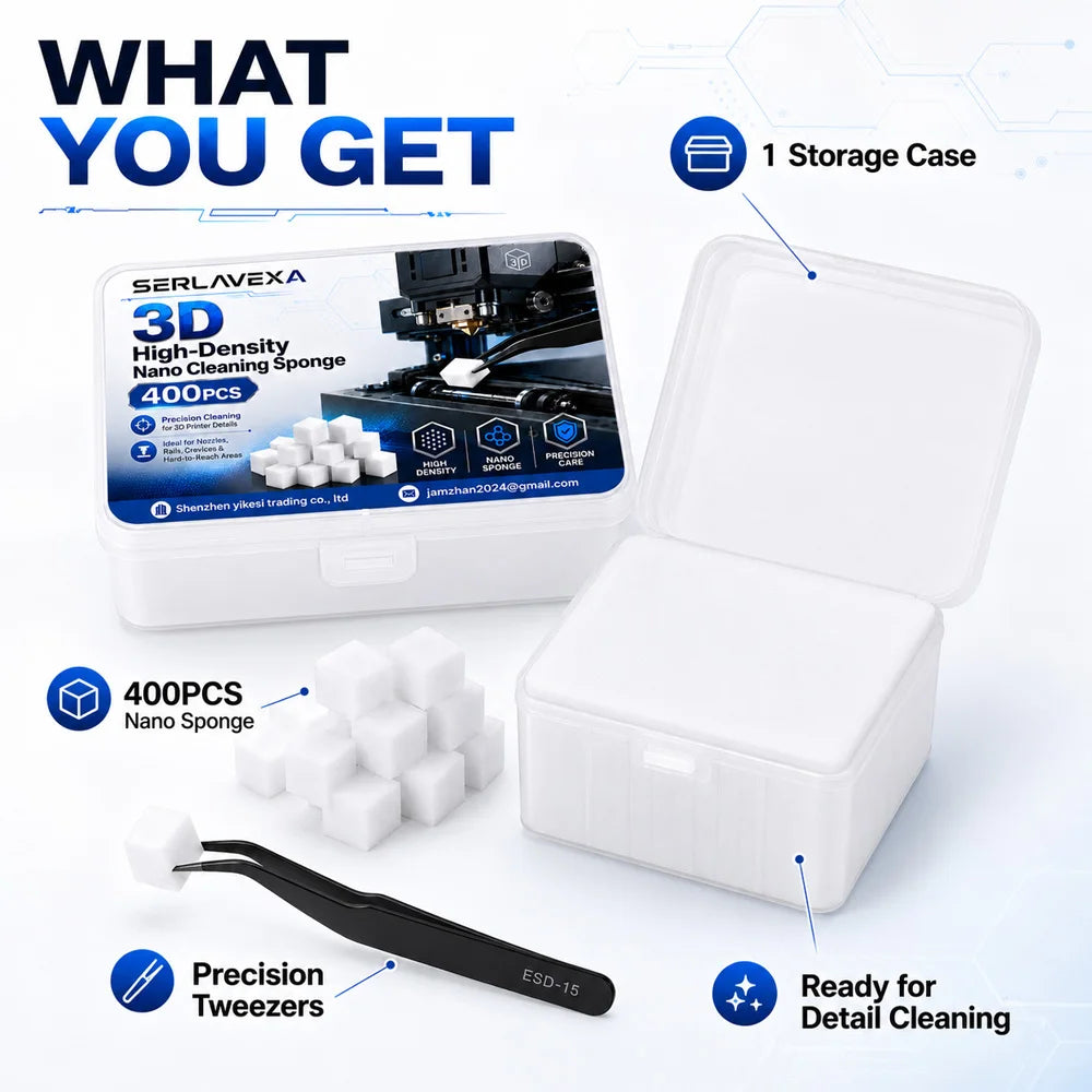 400PCS 3D Printer Cleaning Sponge Kit High Density Foam Blocks with Tweezers Storage Box for Nozzle Rail Crevice Maintenance Zpaxo