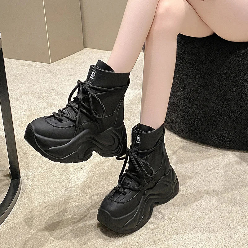 Women's Autumn Winter Ankle Leather Boots Heel Motorcycle Thick Sole Zpaxo