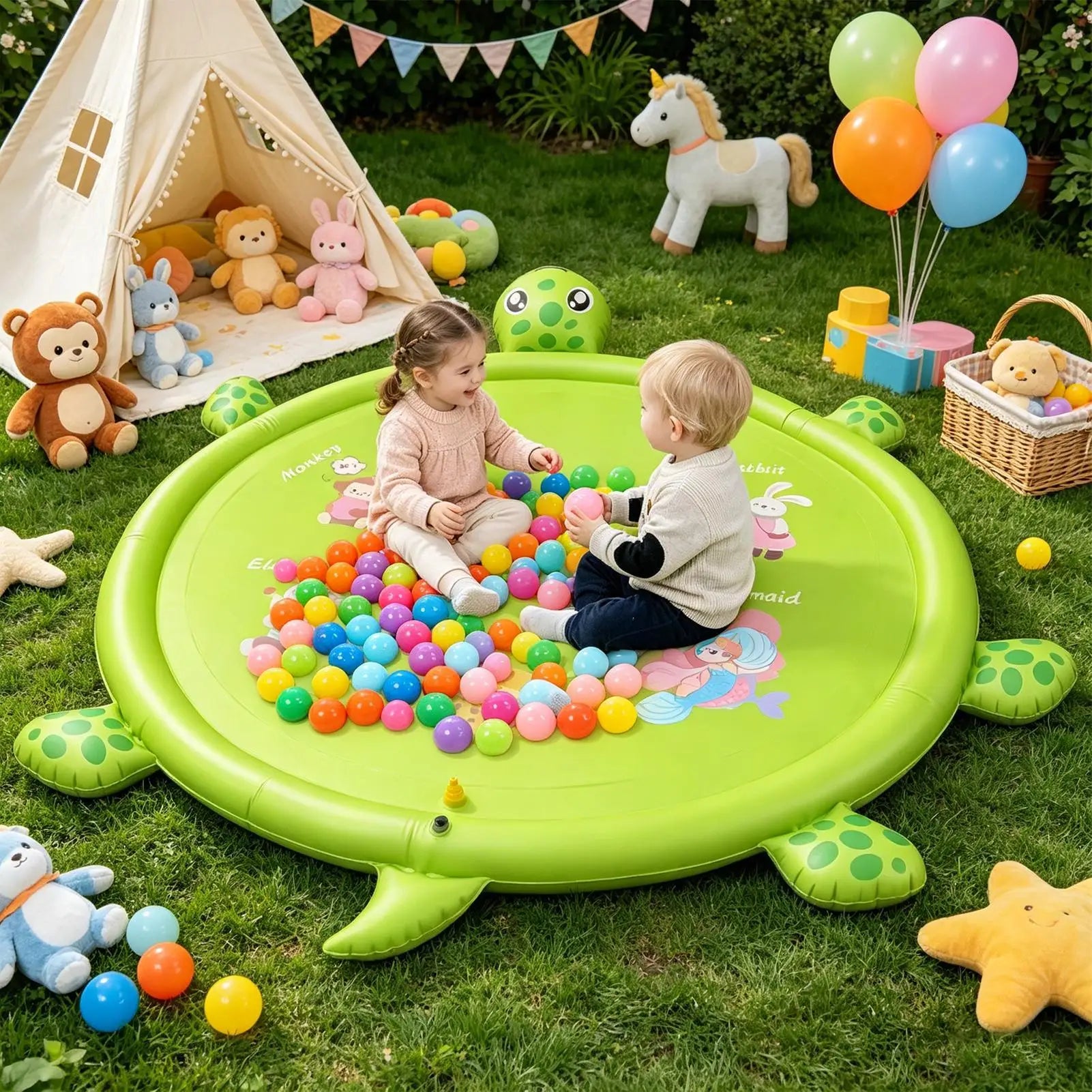 Water Play Pad 83.9in Non-slip Cute Turtle Pool Games Water Play Mat Sprinkler For Boys Girls Pets Backyard Garden Lawn Summer Zpaxo