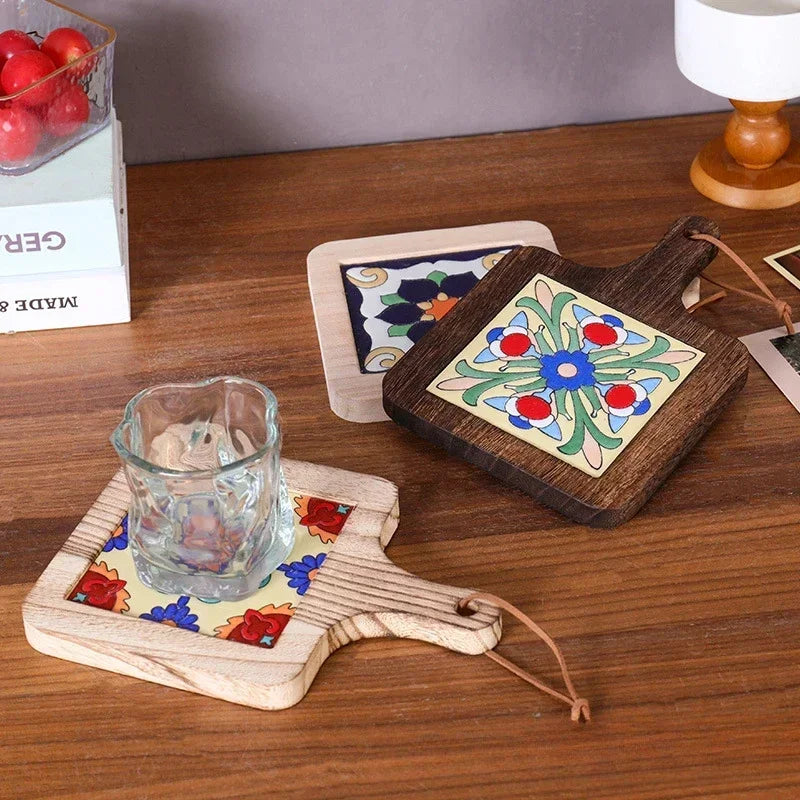 Hot Japanese Restaurant Retro Solid Wood Tile Handle Pot Pad Wooden Anti Scald Plate Pad Household Casserole Insulation Wood Pad Zpaxo