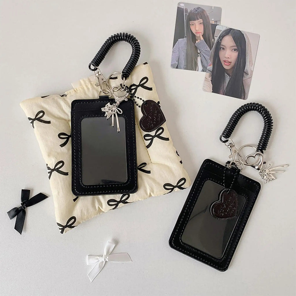 Photocard Holder Keychain PU Leather Identification Badges Protector Protective Sleeves with Love Heart Charm Spiral Wrist Coil Zpaxo