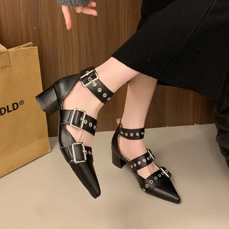 Thick Heeled Baotou Sandals Women's Roman Strap Shoes Middle Pointed