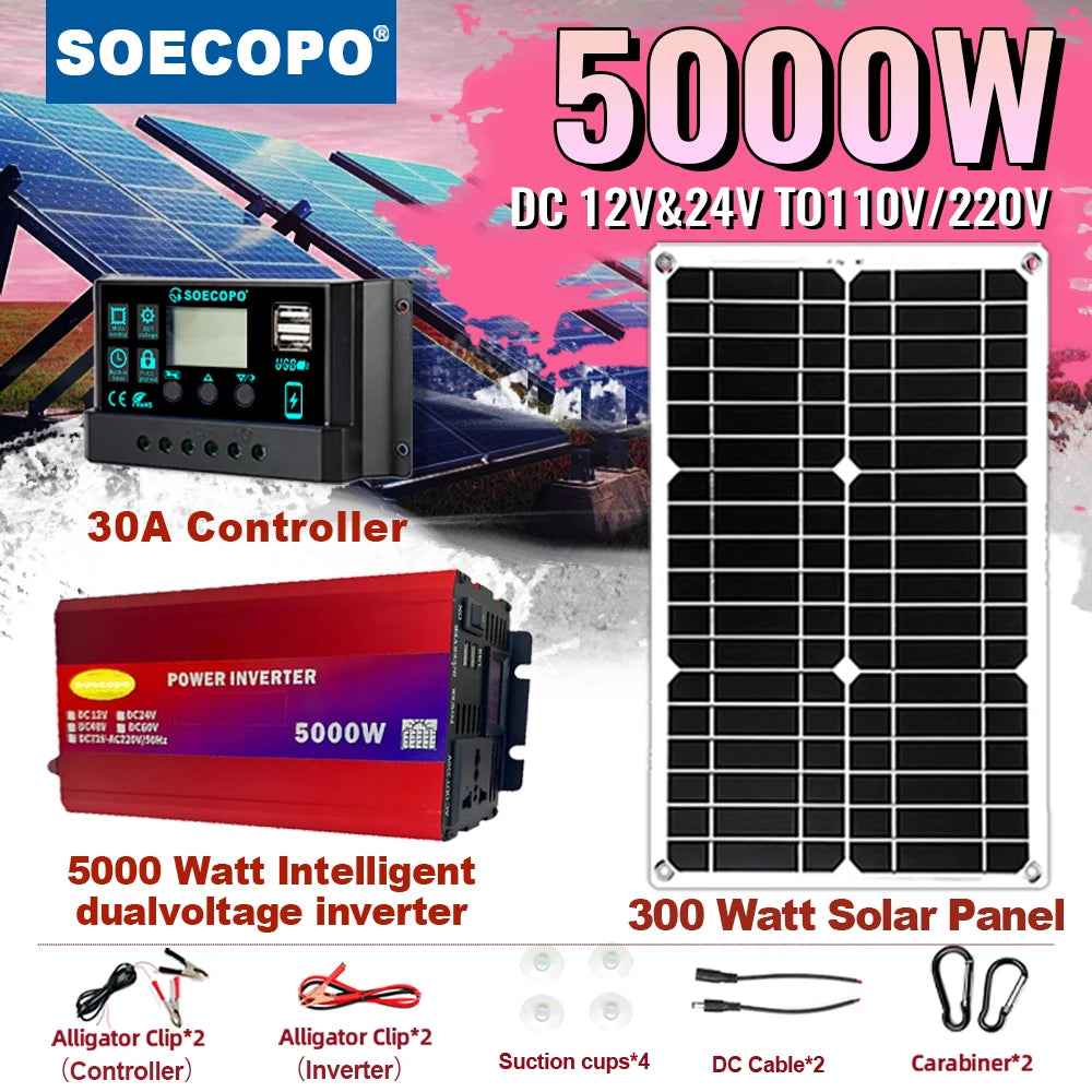 Complete Portable Solar Kit 5000W Inverter Solar Panel and 30A Controller for Efficient Power Generation in Remote Locations Zpaxo 12V TO 220V 50HZ