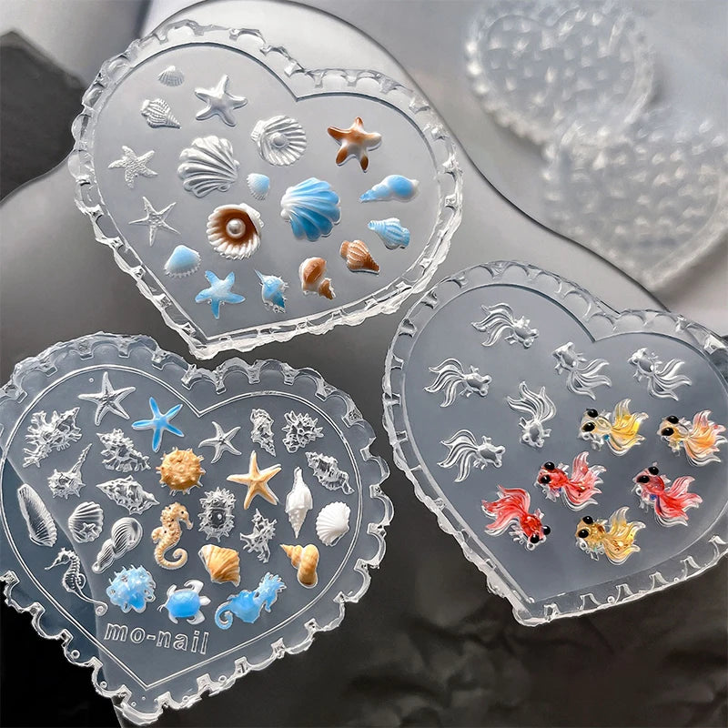 Ocean Series Silicone Nail Art Mold Shell Starfish Goldfish Conch Carving Template Transparent DIY Love Manicure Template Tool Zpaxo