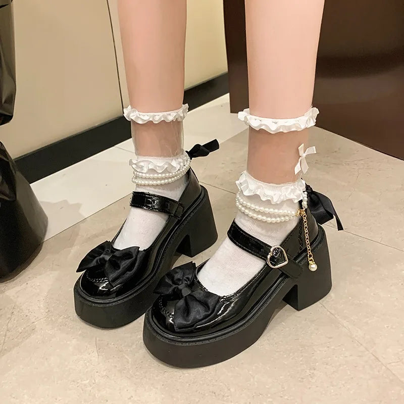 Women's Bow Embellishment Pearl Chain Thick Sole Heel Lolita Shoes Zpaxo