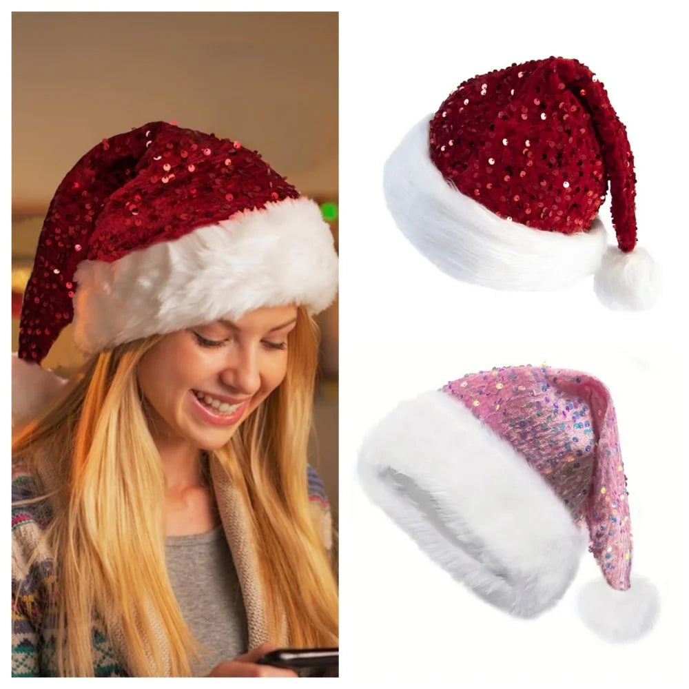 Sequin Santa Hat – Plush Fluffy Pompom for Adults & Kids