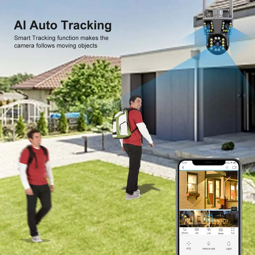 6K 12MP WiFi Outdoor Camera 8X Zoom Three Len Ai Motion Tracking PTZ 4K Video Camera Security Protection Waterproof Surveillance Zpaxo