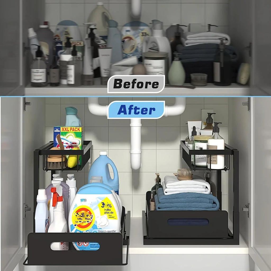 Double-Layer Pull-Out Under Sink Organizer Rack with 5 Hooks Under Sink Organizer Zpaxo