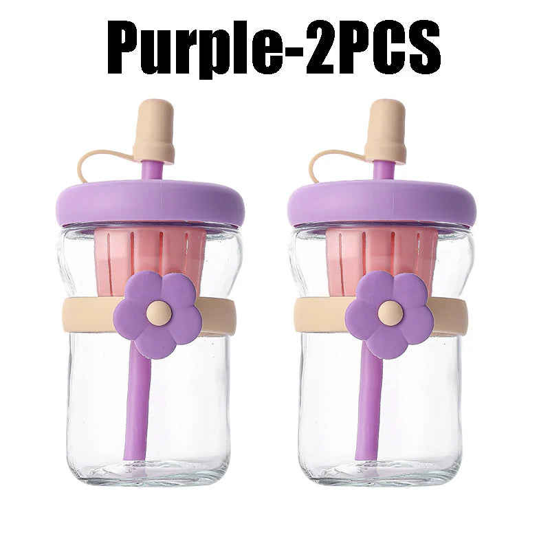 Glass Flower Cartoon Tea Strainer Cold Brew Straw Tumbler Leak-proof Zpaxo Purple-2PCS 500ml