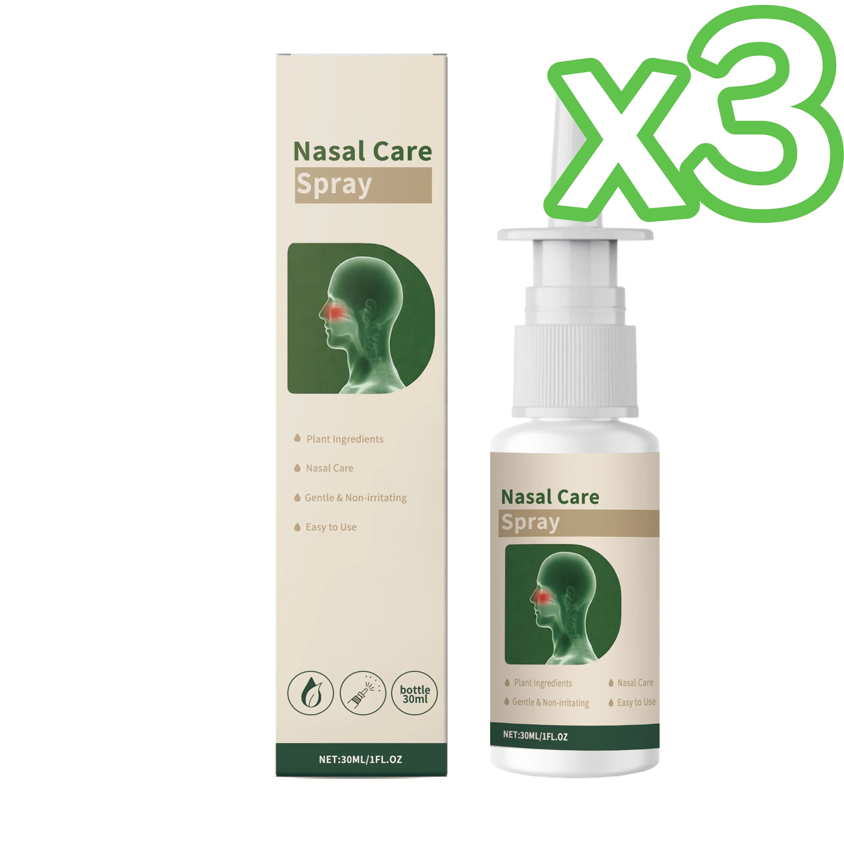 Plant-Based Nasal Cleaning Spray 30ml – Congestion Relief Nasal Care Spray Zpaxo 30ml boxed x 3pcs