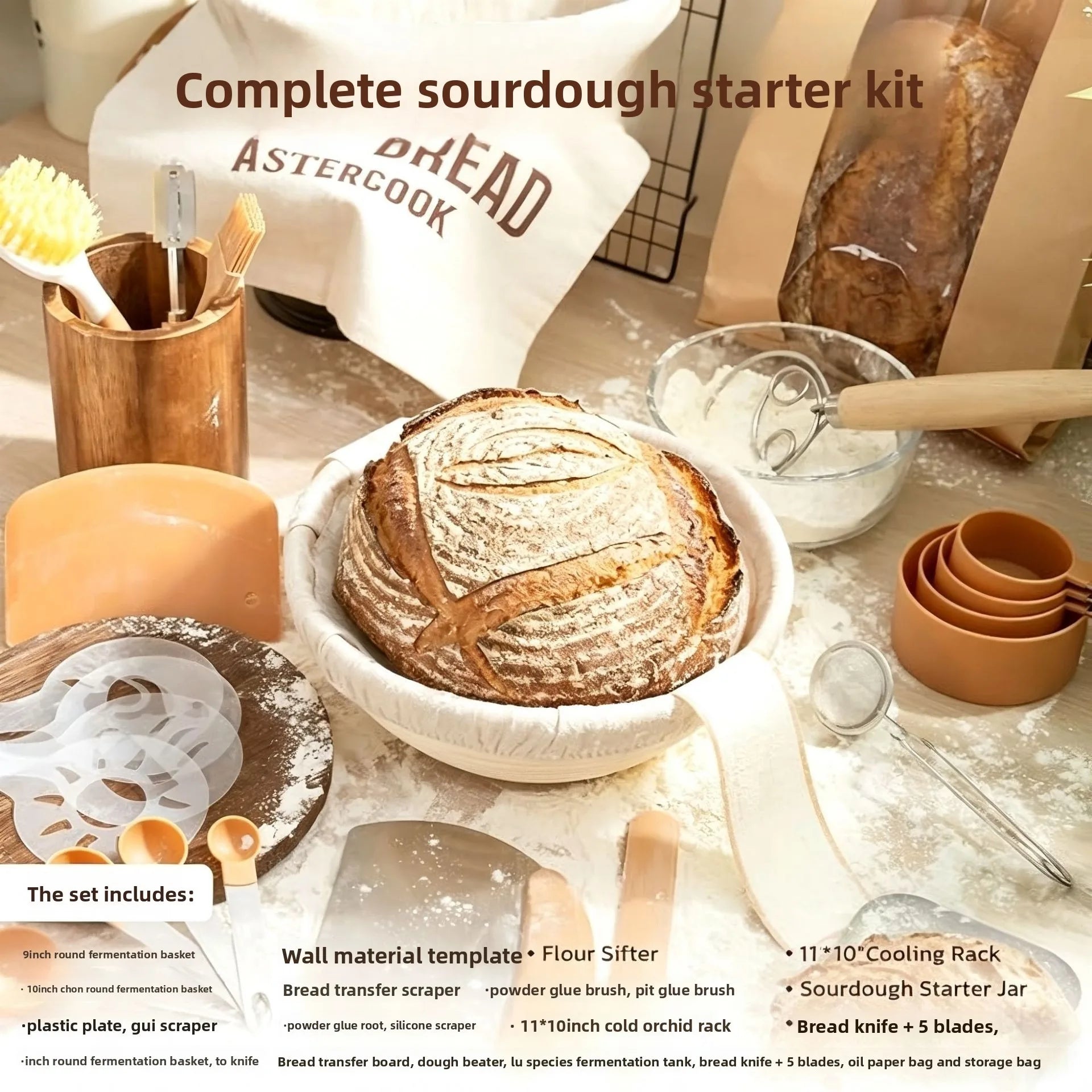 Complete Sourdough Starter Kit 2Pcs Round Banneton Baskets Dough Scoring Lame Silicone Baking Mat Measuring Spoons Bread Baking Zpaxo