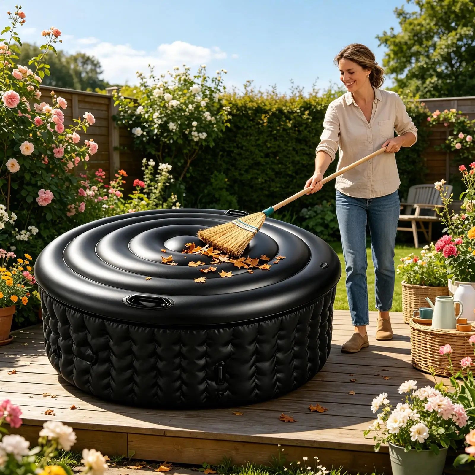 Inflatable Tub Cover Energy Saving Round Protective Lid Handles