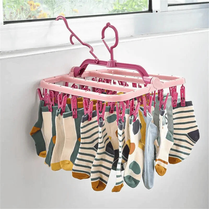 32-Clip Foldable Clothes Drying Rack – Windproof Laundry Hanger