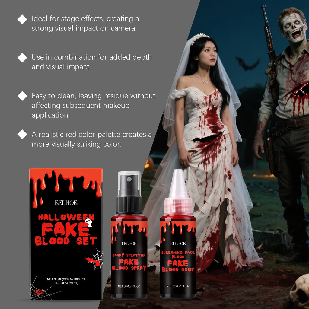 Halloween Fake Blood Set – Realistic SFX Makeup Drip & Spray Special Effects Makeup Zpaxo