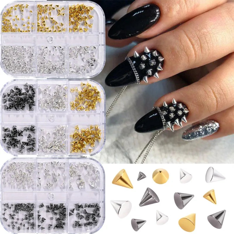 6 Grids 3D Punk Metal Nail Rivets Spikes Gold Silver Black Round Cone